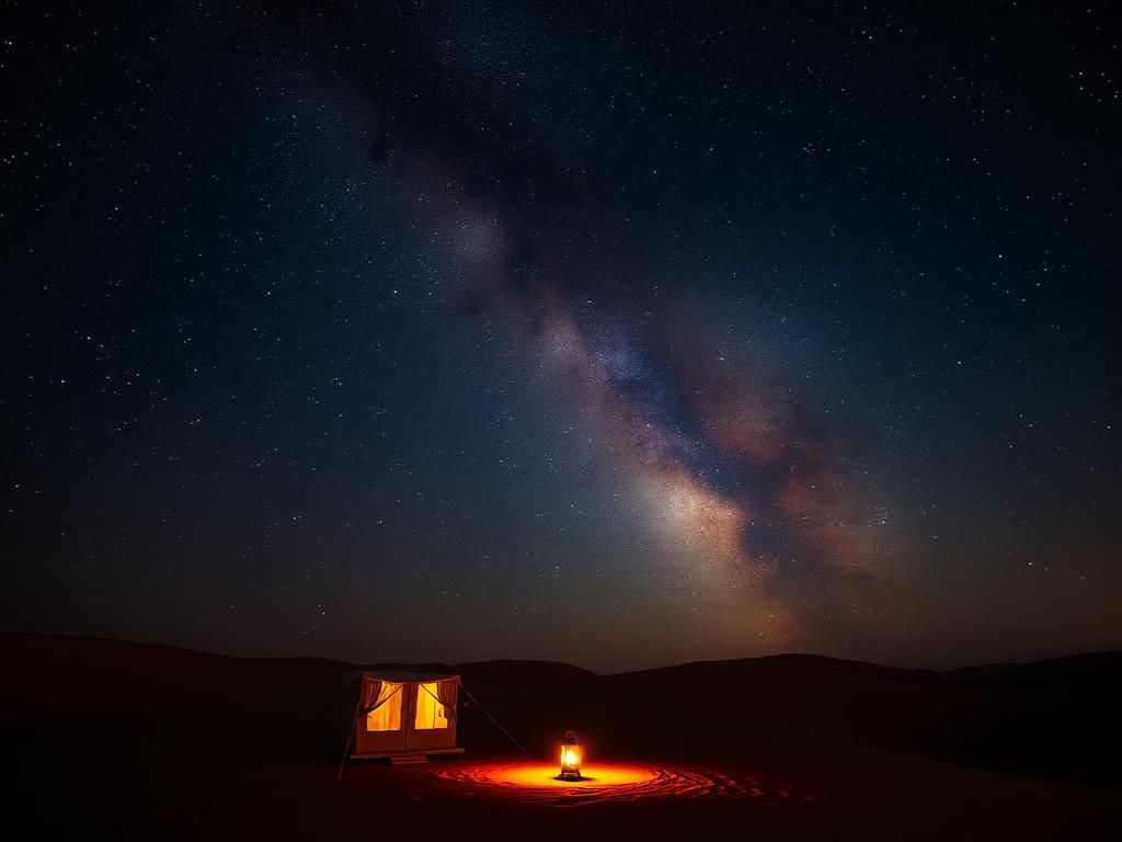 Luxury desert camp lit under a star-filled Sahara night sky