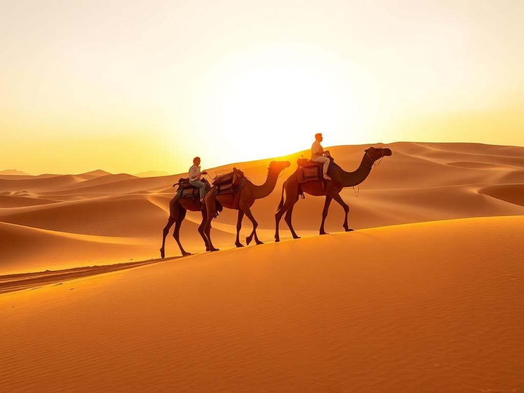 Camel trek crossing the golden Erg Chebbi dunes at sunset near Merzouga, Sahara Desert, Morocco